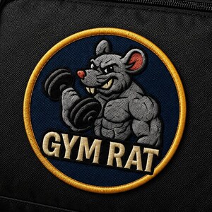 May include: A circular embroidered patch on a black fabric background featuring a muscular grey rat lifting a black dumbbell. The rat has a pink nose and ears, and the text GYM RAT is stitched in beige capital letters at the bottom of the patch.