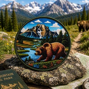Peut inclure: Un écusson brodé circulaire représentant un paysage détaillé avec un ours brun marchant près d'une rivière bleue, entouré de pins verts, de fleurs sauvages colorées et de sommets montagneux enneigés sous un ciel bleu éclatant.