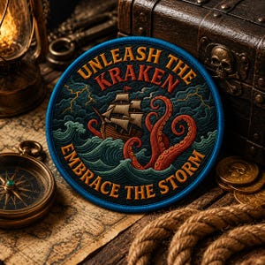 May include: Circular patch with the words "Unleash the Kraken Embrace the Storm". The design includes a ship, octopus tentacles, and ocean waves in blue, brown, and red. The patch has a blue border.