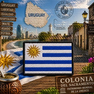 Pode incluir: Um patch retangular com a bandeira do Uruguai, com fundo branco, listras azuis e um sol amarelo. A imagem inclui um mapa do Uruguai, uma cena costeira e placas com palavras em espanhol.