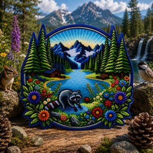 Op de afbeelding: Geborduurde patch met een bergmeertaferel met een wasbeer, bloemen en bomen. De patch heeft een blauwe rand en is geplaatst in een natuurlijke buitenomgeving met een chipmunk, vogel en dennenappel.