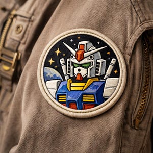 May include: Embroidered patch featuring a robot design with a white, blue, red, and yellow color scheme. The patch is circular with a black background and a beige border. The patch is attached to a brown fabric.