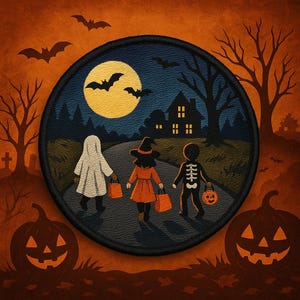 May include: A round Halloween patch featuring three trick-or-treaters in costume walking down a road toward a house. The background includes a full moon, bats, and trees. The patch is surrounded by pumpkins and bats.