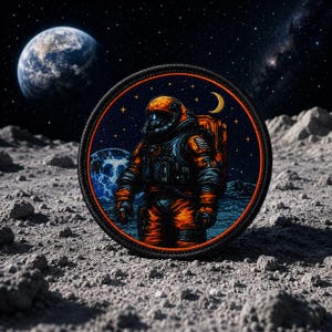 May include: A circular embroidered patch featuring an astronaut in an orange spacesuit standing on a lunar surface. The background depicts a dark starry sky with a crescent moon and a blue planet. The patch has a thick black border with orange trim.