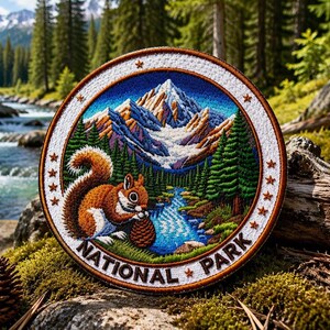 Squirrel Forest Patch Iron-On Sew-On National Park Applique for Backpack Vest Jacket, Outdoor Adventure, Mountain Nature Gift