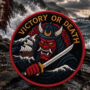 Può includere: Una toppa ricamata circolare raffigurante una maschera da samurai rossa con corna, che indossa un elmo e un'armatura blu scuro, impugnando una spada argentata. Il testo VICTORY OR DEATH è arcuato in giallo in alto, con nave e onde.