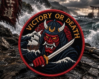 Oni Samurai Patch | Japanese Demon Mask and Katana Iron-On or Sew-On Badge | Warrior Spirit Applique for Jackets & Bags