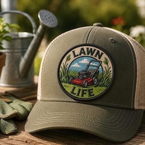May include: A green trucker hat with a circular patch that reads "LAWN LIFE." The patch features a red lawnmower on a green lawn under a blue sky. The hat has a mesh back and a curved brim.