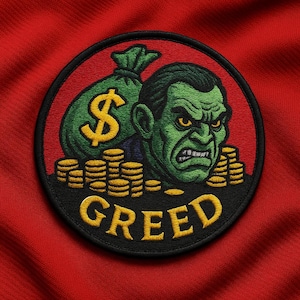 Può includere: Toppa ricamata circolare con un volto verde e arrabbiato, monete d'oro e un sacco di soldi con un simbolo del dollaro. La parola "GREED" è in giallo su un bordo nero. Su sfondo rosso, la toppa ha un design audace.