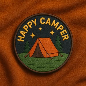 May include: Embroidered patch with the words "HAPPY CAMPER" in yellow, arched around a dark blue circle. The circle features an orange tent, green trees, and yellow stars on a green background. The patch is on a brown fabric.