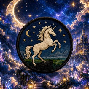Può includere: Una toppa ricamata circolare raffigurante un unicorno color crema che si impenna su una roccia scura contro un cielo notturno blu profondo. Il design include una mezzaluna dorata, diverse piccole stelle gialle e un paesaggio verde alla base.