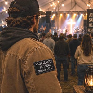 Op de afbeelding: Een bruine jas met een zwart embleem met de tekst "VENGEANCE IS MINE Romans 12:19" wordt gedragen door een persoon in een menigte. Een brandende lantaarn staat op een houten tafel. Een podium met een band en een banner met "JESUS SAVES HEALS RESTORES" op de achtergrond.