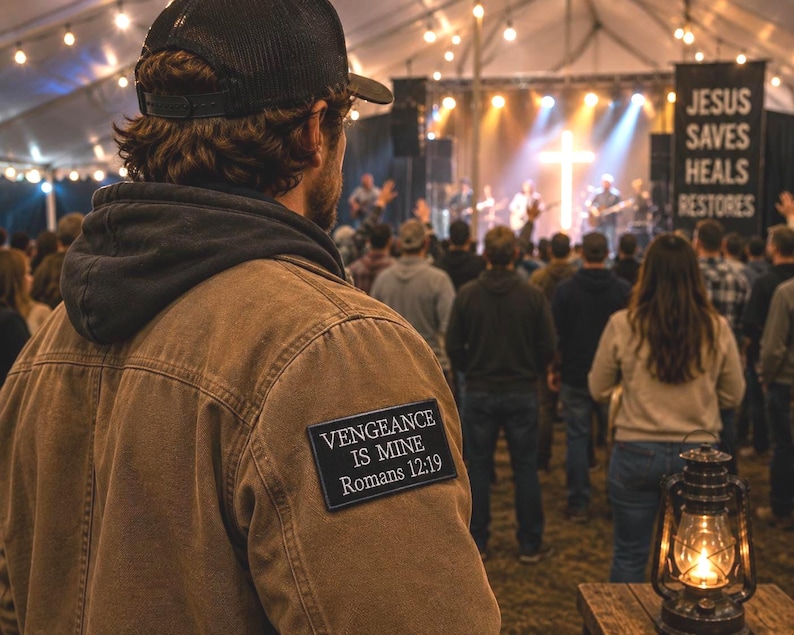 Op de afbeelding: Een bruine jas met een zwart embleem met de tekst "VENGEANCE IS MINE Romans 12:19" wordt gedragen door een persoon in een menigte. Een brandende lantaarn staat op een houten tafel. Een podium met een band en een banner met "JESUS SAVES HEALS RESTORES" op de achtergrond.