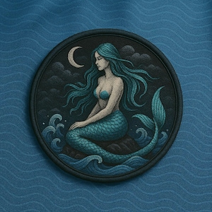 May include: Round patch featuring a mermaid illustration. The mermaid has long teal hair and a teal tail, sitting on a rock with ocean waves. A crescent moon and clouds are in the background. The patch has a black border.
