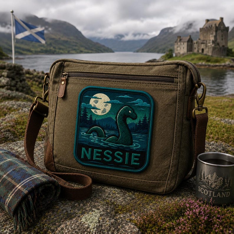 May include: A brown canvas messenger bag featuring a rectangular embroidered patch of a sea creature in water under a full moon with the text NESSIE. The bag has a zippered top, metal hardware, and an adjustable shoulder strap attached to the sides.