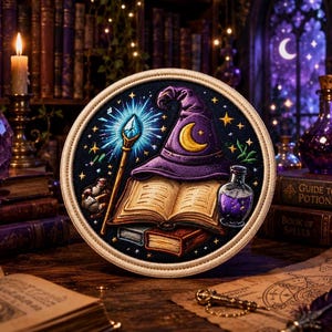 May include: Round embroidered patch featuring a purple wizard hat with a crescent moon, a glowing wand, and an open book. The patch has a dark blue background with stars and is surrounded by a cream-colored border. The patch is on a wooden table.