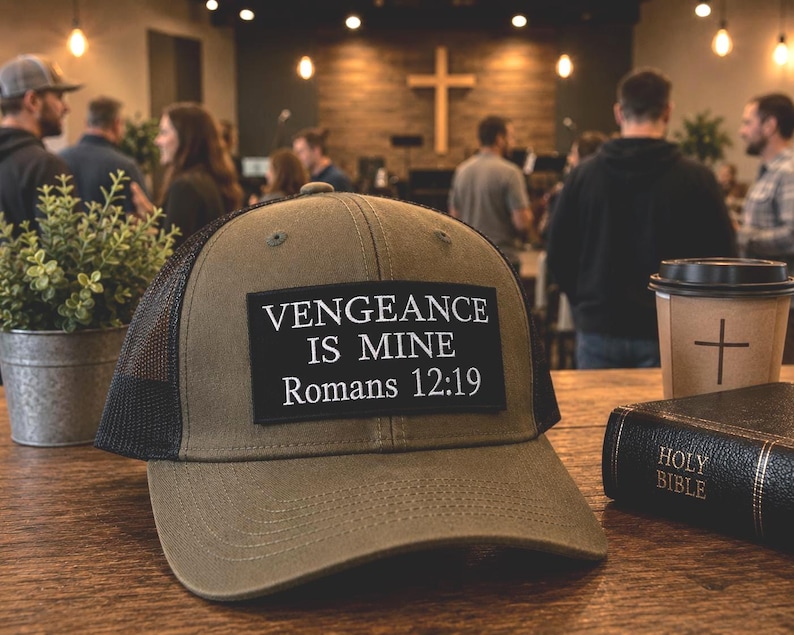 Op de afbeelding: Olijfgroene truckerpet met een zwarte mesh achterkant en een rechthoekige patch met de tekst "VENGEANCE IS MINE Romeinen 12:19" in het wit. Een koffiekopje met een kruis en een gesloten Bijbel liggen ook op de tafel.