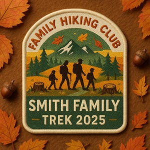 May include: A patch with the text "FAMILY HIKING CLUB" and "SMITH FAMILY - TREK 2025". The patch features a family hiking in front of a mountain and trees. The patch is surrounded by autumn leaves and acorns.