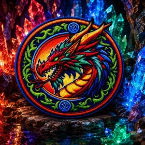 Op de afbeelding: Een ronde geborduurde patch met een veelkleurige drakenkop in profiel. De draak is uitgevoerd in tinten rood, geel, groen en blauw, geplaatst tegen een cirkelvormige oranje achtergrond omkaderd door een groene, wijnrankachtige rand.
