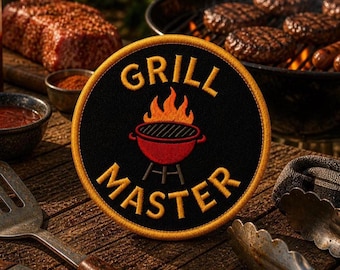Grilling Master Patch/Iron-On Patch/Backyard BBQ Chef/Pitmaster Badge/Grilling Gift/Sew-On Applique for Clothing, Aprons, Vest/Jacket, Hats