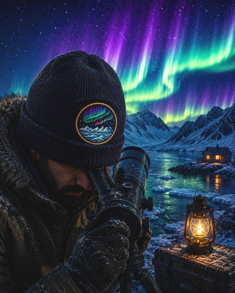 May include: A dark navy blue knit beanie featuring a circular embroidered patch that depicts a vibrant aurora borealis over snow-capped mountains. The beanie is worn by an individual looking through a black telescope in a snowy landscape.