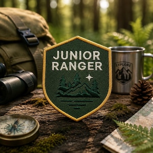 May include: A green and gold Junior Ranger patch with a mountain and tree design. The patch is on a wooden surface with a compass, metal mug, and map. The mug has the word "EXPLORE" and a mountain graphic.