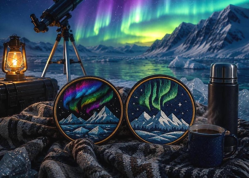 May include: Two circular embroidery hoops featuring stitched landscapes of snow-capped mountains under vibrant aurora borealis displays. The left hoop shows purple and green lights, while the right hoop displays green lights against a dark blue night sky.