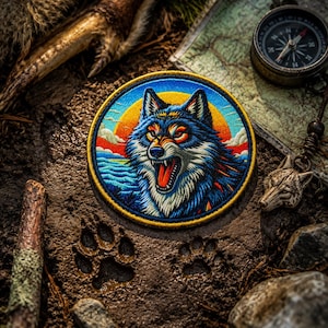 Pode incluir: Um patch bordado circular com uma ilustração detalhada de um lobo com pelo azul e branco, boca aberta e um fundo de pôr do sol. O patch tem uma borda amarela. Pegadas visíveis em primeiro plano.