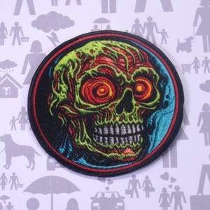 Undead Skull Patch Iron On Sew On Applique for Jackets Vests Backpacks, Zombie Horror Badge, Glowing Eyes, Melting Head, Halloween Costume