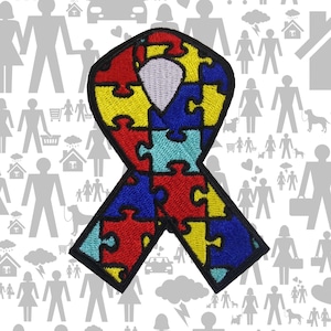 Puzzle Piece Ribbon Patch Embroidered Iron-On Sew-On Autism Awareness Applique for Jackets Vests Bags, Support Badge, Special Needs Emblem