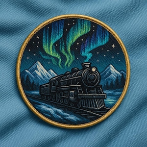 Puede incluir: Parche bordado con un tren de vapor vintage que viaja por un paisaje nevado bajo la aurora boreal. El parche tiene un borde dorado y representa montañas, árboles y un cielo estrellado. Los colores incluyen tonos de azul, verde y negro.