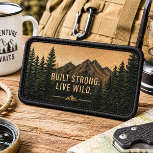 May include: A rectangular patch with a black stitched border featuring a graphic of dark green pine trees and brown mountains. The text BUILT STRONG. LIVE WILD. is printed in the centre with a small mountain icon below the lettering.