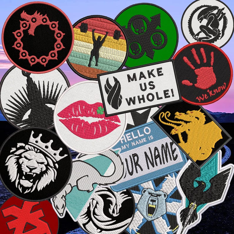 May include: A collection of embroidered patches featuring various designs including a red dragon ouroboros, a weightlifter, a green skull emblem, an alien, a red handprint with text, a lips graphic, a gold dragon, a lion with a crown, and a name tag.