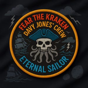 May include: Embroidered patch with a pirate theme. The patch features a skull wearing a tricorn hat, with tentacles and the text "FEAR THE KRAKEN DAVY JONES' CREW ETERNAL SAILOR". The design includes a ship, lightning bolts, and clouds.