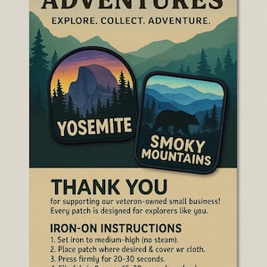 May include: A poster with the text "FAMILY ADVENTURES" and "EXPLORE. COLLECT. ADVENTURE." Two patches are displayed, one with "YOSEMITE" and the other with "SMOKY MOUNTAINS." The poster includes "THANK YOU" and iron-on instructions.
