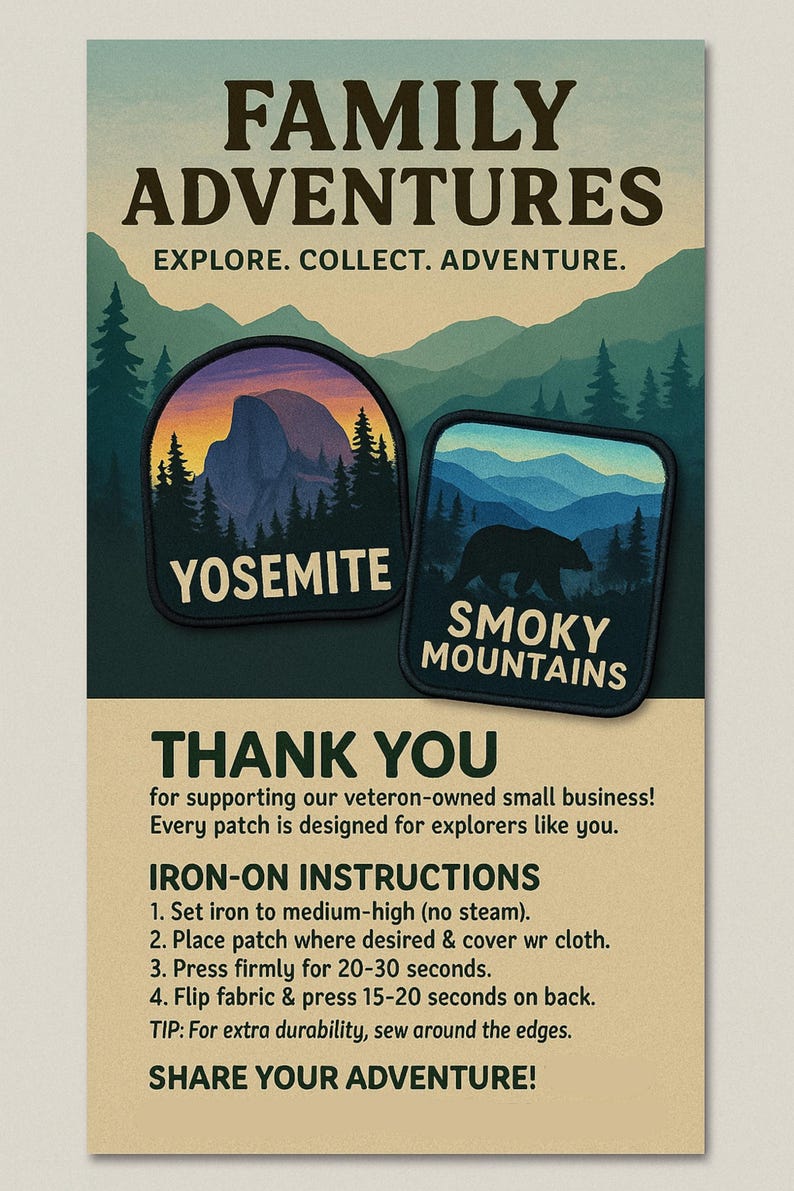 May include: A poster with the text "FAMILY ADVENTURES" and "EXPLORE. COLLECT. ADVENTURE." Two patches are displayed, one with "YOSEMITE" and the other with "SMOKY MOUNTAINS." The poster includes "THANK YOU" and iron-on instructions.