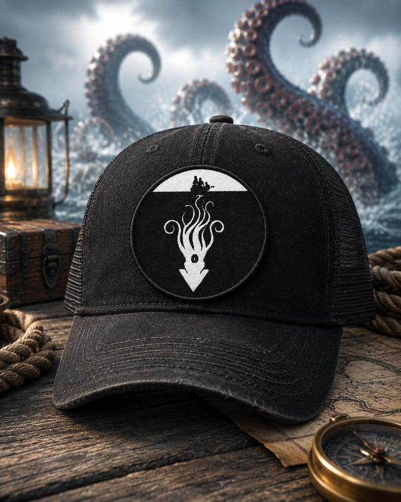 May include: A black baseball cap featuring a circular patch on the front. The patch displays a white graphic of a squid silhouette beneath a small boat with figures, set against a black background. The cap has a structured crown and mesh back.