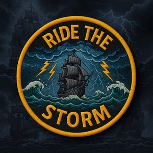May include: Embroidered patch with a black sailing ship on stormy seas, with the text "RIDE THE STORM" in yellow. The patch has a yellow border and features lightning bolts and waves.