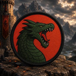 May include: A circular embroidered patch featuring a green dragon head with an open mouth, sharp teeth, and a red tongue, set against a solid orange background with a thick black stitched border.