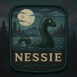 May include: Embroidered patch featuring the Loch Ness Monster, or Nessie, in a lake under a full moon. The patch has a dark blue border and the word "NESSIE" in a tan, textured font.