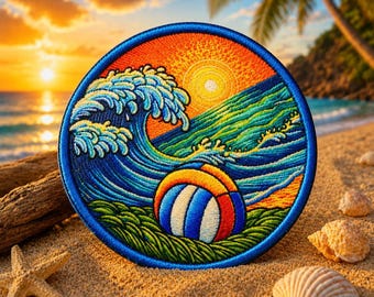 Ocean Wave Patch Iron-On Sew-On Beach Volleyball Badge Applique for Clothing Backpacks Tote Bags, Tropical Vibes, Travel Souvenir, Vacation