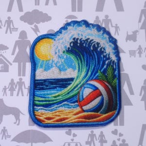 Ocean Wave Patch Iron-On Sew-On Beach Volleyball Badge Applique for Clothing Backpacks Tote Bags, Tropical Vibes, Travel Souvenir, Vacation