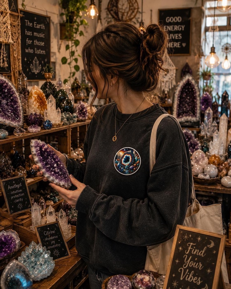 May include: A woman examines a large, raw amethyst crystal in a shop filled with various crystals and gemstones. The shop has wooden shelves and small chalkboard signs. The woman wears a dark gray sweatshirt with a circular graphic and carries a tote bag.