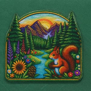 Squirrel Patch Iron-On Sew-On National Park Applique for Backpack Vest Jacket, Outdoor Adventure, Nature Gift, Wildlife Decor