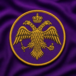 May include: Embroidered patch featuring a gold double-headed eagle emblem on a purple background. The eagle is crowned and holds a scepter and orb. The patch has a gold border and is likely for apparel or accessories.