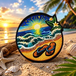 Peut inclure: Écusson brodé représentant une scène de plage avec un coucher de soleil, des vagues et des tongs. L'écusson est rond avec une bordure noire et une extension en forme de feuille. Les couleurs incluent le bleu, le jaune, l'orange et le vert. L'écusson est sur une surface sablonneuse avec des coquillages et une étoile de mer.