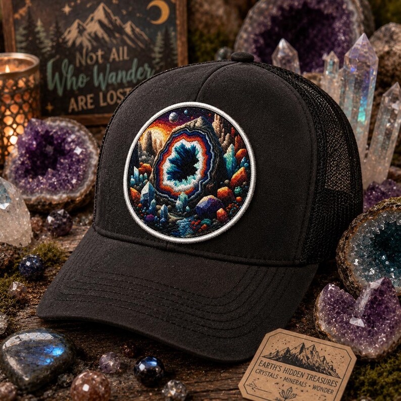 May include: Black trucker hat with a circular patch featuring a colorful geode design. The patch has a white border and depicts a landscape with crystals and a starry sky. The hat has a mesh back and a curved brim.