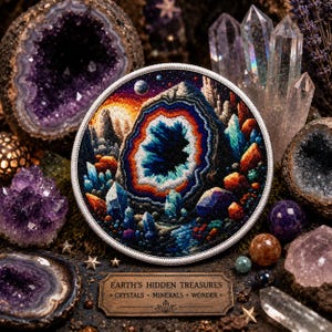 Op de afbeelding: Een kleurrijke geborduurde patch met een geode-ontwerp met een blauw en oranje centrum, omringd door kristallen en geodes. De afbeelding bevat ook verschillende kristallen en een bord met de tekst "Earth's Hidden Treasures".