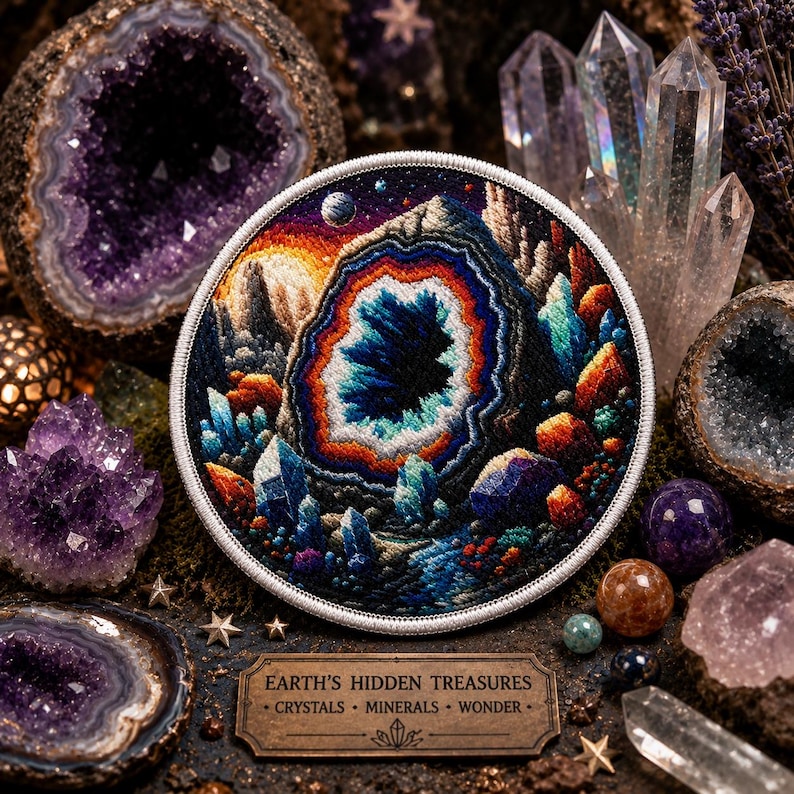 May include: A colorful embroidered patch featuring a geode design with a blue and orange center, surrounded by crystals and geodes. The patch is round with a white border. The image also includes various crystals and a sign that reads "Earth's Hidden Treasures".