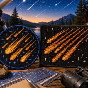 Puede incluir: Dos parches bordados con estelas de cometas doradas sobre un fondo negro. Un parche es circular con borde y estrellas azules, mientras que el otro es rectangular con estrellas blancas. Ambos muestran costuras detalladas de cuerpos celestes.